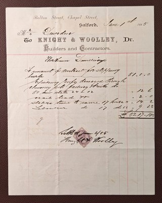 1885 Knight & Woolley Builders Bauunternehmer Salford viktorianisches Schieferdach Rechnung