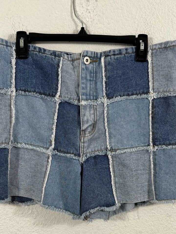 Pantalones Cortos Vintage L.A. Azul Mujer 16 Retazos Denim Tiro Alto Deshilachado Años 90 Y2K Foto 2 de 4