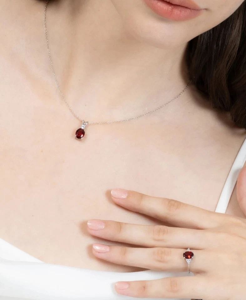 3CT Oval Cut Lab-Created Red Ruby Charm Pendant Ring Set 14K Yellow Gold Plated - Image 3 of 4