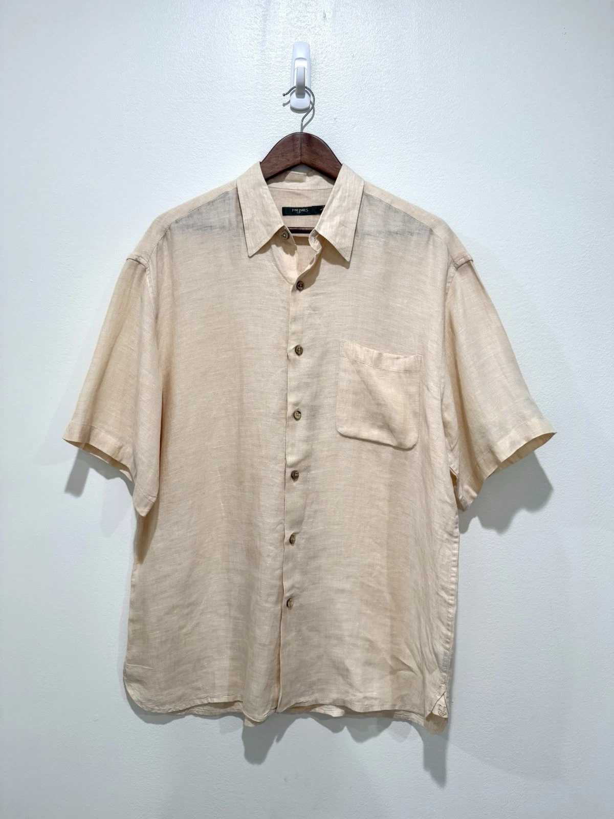 Tom James Mens Beige 100% Linen Casual Button-Up Short Sleeve Shirt Large