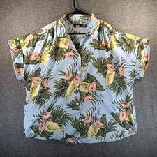 Vintage Tapestry Hawaiian Shirt Woman 2X Rolled Sleeves Floral Blue Made in USA