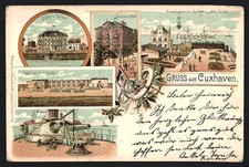 Lithographie Cuxhaven, Hotel Continental, Badehaus, Matrosen-Artillerie-Kaserne 