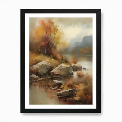Waldsee, Herbstsee, Vintage O gerahmtes Wandbild Poster Leinwanddruck Bild