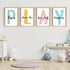 Set of 4 Framed Playroom Wall Art Prints, 12x16' Nursery Canvas Artwork for C...