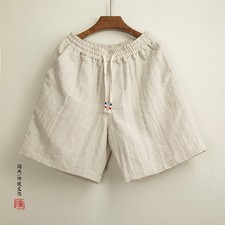 Retro Chinese Style Men's Linen Shorts Pants Casual Drawstring Summer Mid Waist