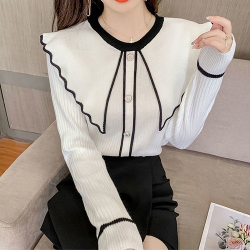 Casual Women's Ruffled Neck Pullover Sweater Comfortable Knitted Top for Spring - Picture 9 of 42