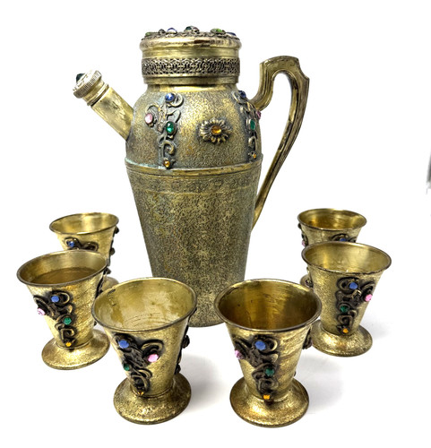 Rare Art Deco  E & JB Empire Jeweled Gold Cocktail Shaker & Six Jeweled Cups
