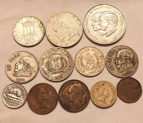 12 Mixed Foreign Coins Mexico, Greece, France, Canada, Guatemala & More