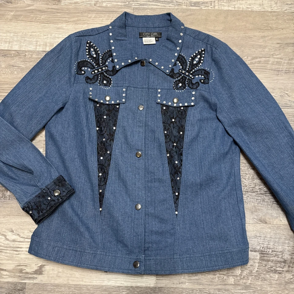 De Colección Y2K Fleur De Lis Western Denim Chaqueta Camisa Abotonada Vaquera Talla M Foto 2 de 4