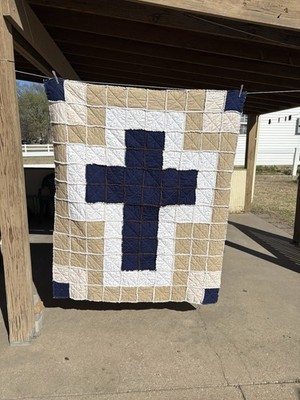 Handmade Patchwork Cross Design Cotton Quilt Large Multicolor Reversible Vintage