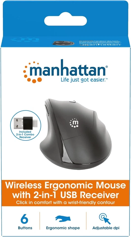 Manhattan 190237 Ergonomic Wireless Mouse with USB-A and USB-C Receiver 2-in-1 B - Image 3 of 4