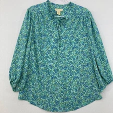 Cynthia Rowley Blouse size 1X Blue Floral Tie Front Ruffle Puff Sleeve Feminine