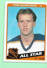 (1) TOM BARRASSO 1984-85 TOPPS # 158 SABRES GOALIE AS ROOKIE EX-MT CARD (N7172). rookie card picture