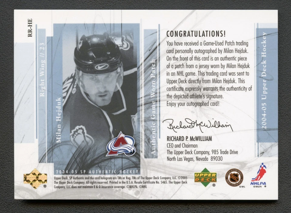 MILAN HEJDUK 2004-05 CUBIERTA SUPERIOR SP AUTÉNTICO PARCHE DE REVISIÓN DE NOVATO AUTOMÁTICO/100 Foto 2 de 2