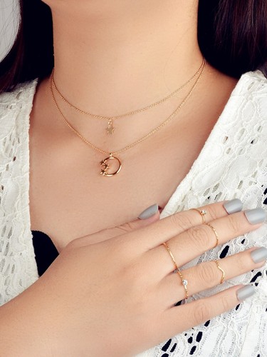 Cheap and Good Quality Double Layer Chain Moon Star Choker Necklace Rings Set - Picture 2 of 7