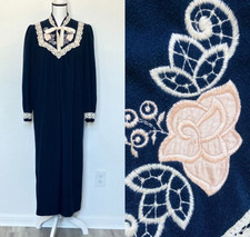 1980s Navy Velour Robe with Flower Applique, Vtg Floor Length Winter House Coat