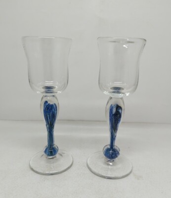 Charles Lutner Studio Art Glass Candle Holders Aperitif Glasses Set of 2 Signed 