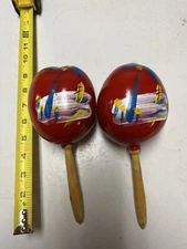 2 Vintage Red Spanish Wooden Maracas Hand PAINTED TREE OCEAN Shakers/Percussion