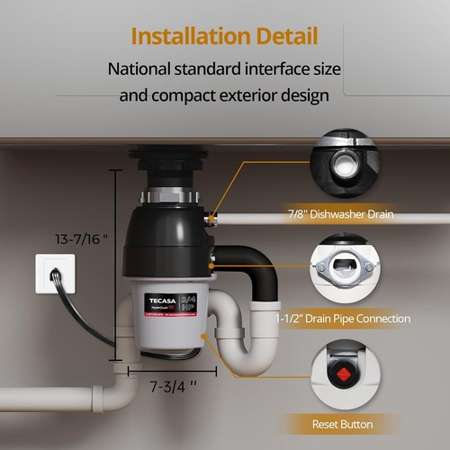 TECASA 3/4 HP Garbage Disposal for RVs Kitchen Sink Food Waste Disposer Corded