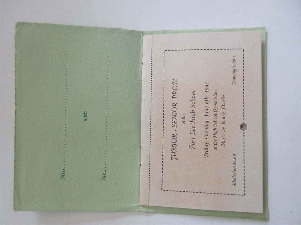 VINTAGE 1941 Fort Lee High School Junior Senior Prom ticket Dance Card ...