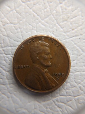 1958 D Wheat Penny Error, Light Strike Mark On PLU.