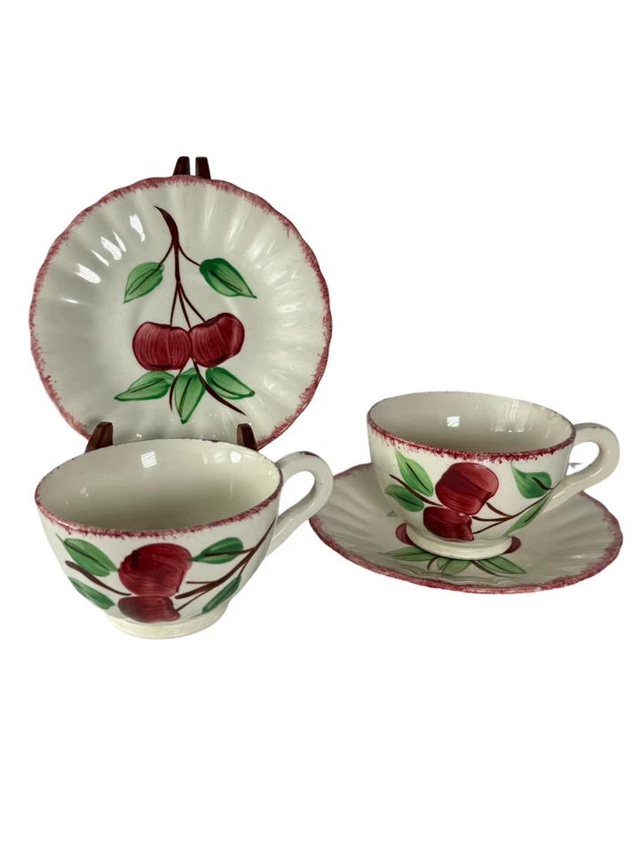 Blue Ridge Southern Pottery 2 Teacup & Saucer Sets 1930’s “Cherry Bounce”4 Piece - Image 4 of 4