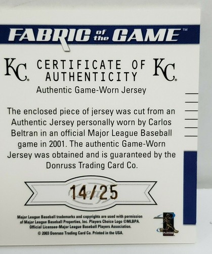 Tarjeta jersey de Carlos Beltrán - Royals 2003 Hoja de tela del juego usada FG-54/25 - Imagen 7 de 7
