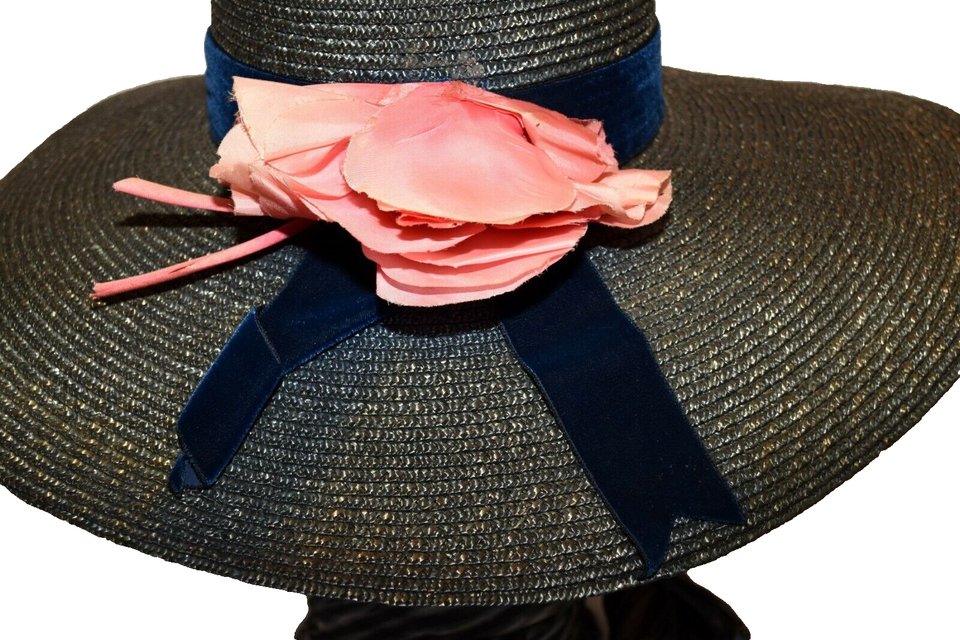Vtg Plaza Suite by Betmar Navy Pink Flower Wide Brim Womens Straw Hat