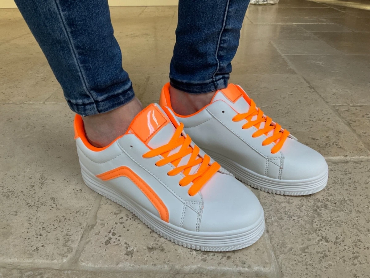 Chunky White Trainers Lace Up Womens HX50 Orange