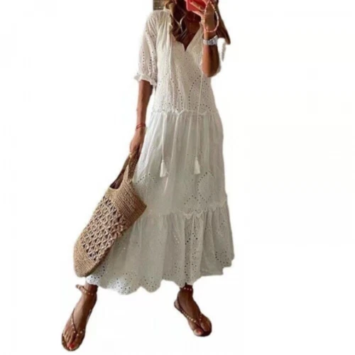 Maxi abito donna estivo spiaggia prendisole vacanza casual pizzo scollo a V ampio boho - Foto 4 di 7