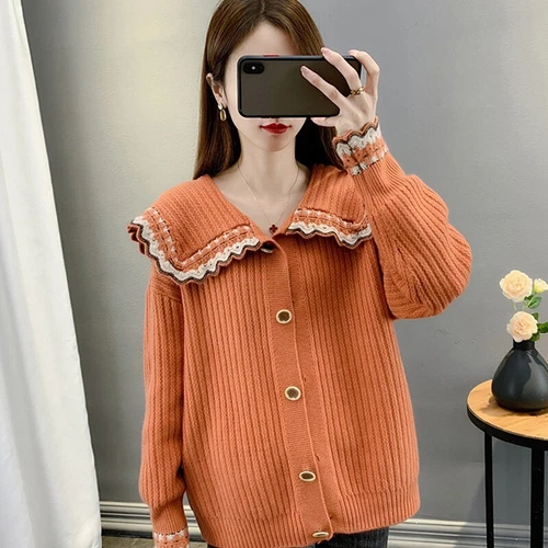 Long Sleeve Lapel Neck Collar Sweater Women Short Jacket Short Knitwear - Bild 11 von 24