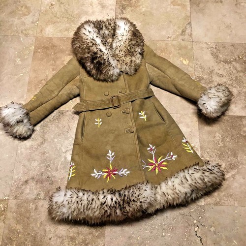 Vintage 70s Afghan Coat Jacket Sheepskin Floral Em