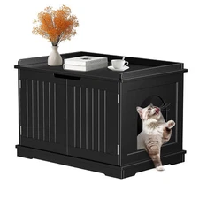 Cat Washroom Storage Bench Litter Box Cover with Sturdy Wooden Structure Black
