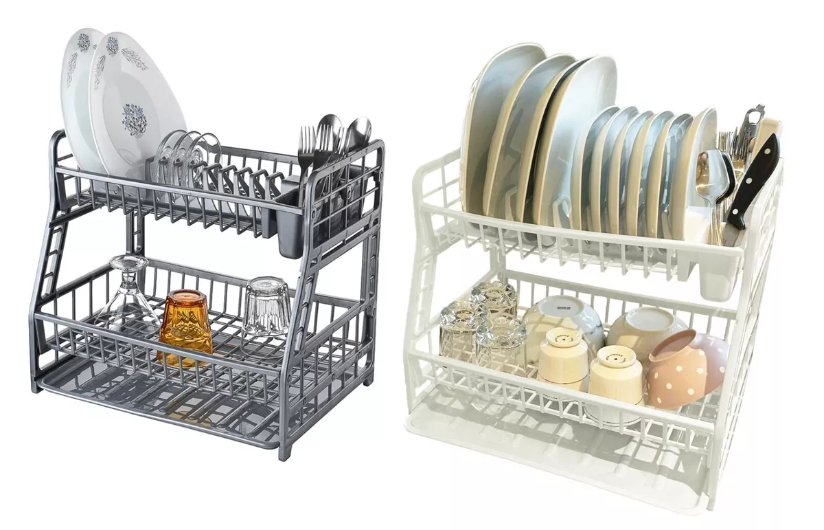 2 Tiers Dish Drying Rack with Drain Tray Dish Drainer Organizer