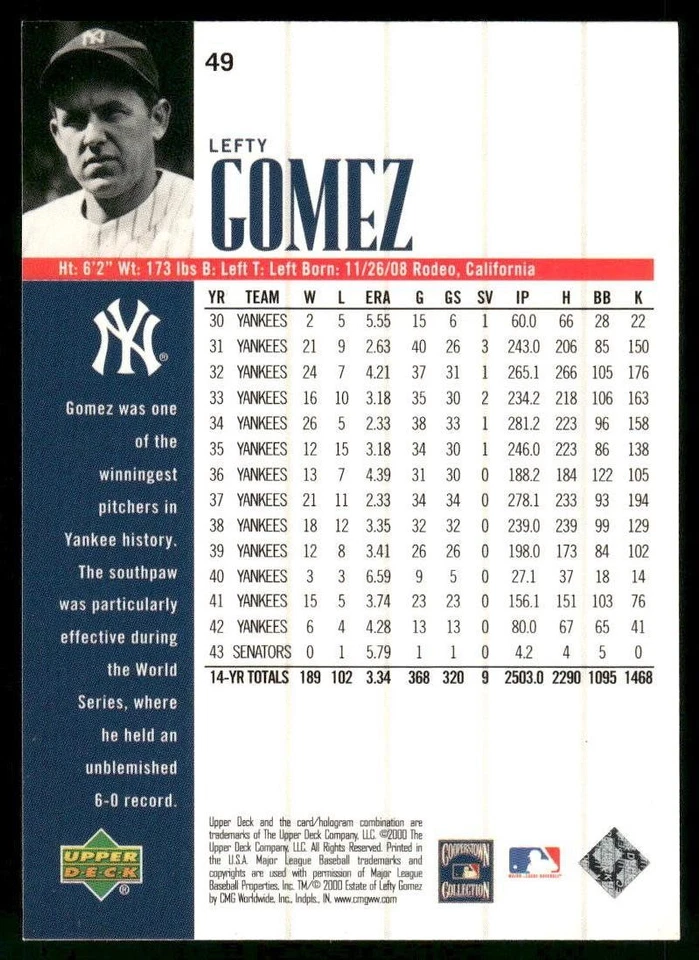 Lefty Gomez 2000 Upper Deck Yankees Legends New York Yankees #49 NM - Image 2 of 2