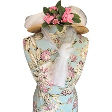 Vintage Womens Floral Straw Hat White Wide Brim Tulle Netting Romantic Wedding