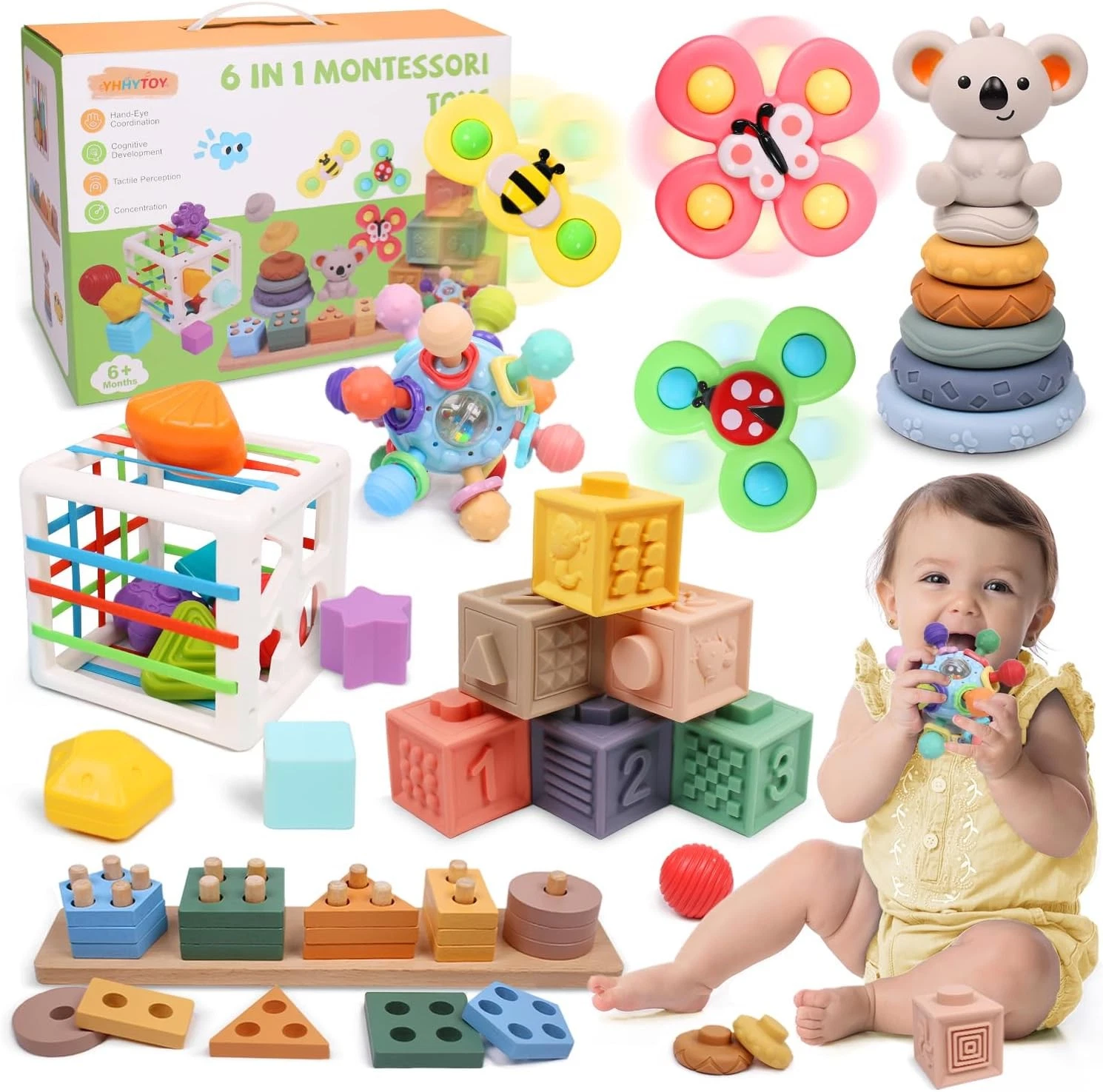 6-in-1 Montessori Baby Toys 0-6 6-12 Months Infant Teething Toys Soft Stacking