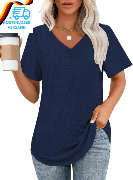 Tshirt Damen V Ausschnitt Bluse Damen Elegant Sommer Oberteile Lochstickerei Top-image