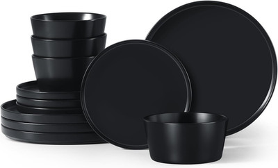 Elegant 12-Piece Stoneware Dinnerware Set for 4 - Matte Black, Scratch Resistant