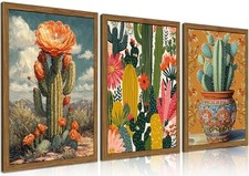 Mexican Framed Canvas Wall Art Set of 3 - Vintage Desert 16L" x 12W" Cactus