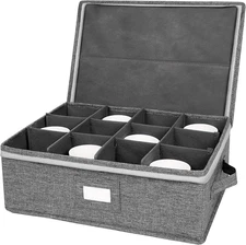 Stackable Cup and Mug Storage Box with Zipper Lid, Holds 12 Mugs (Grey)