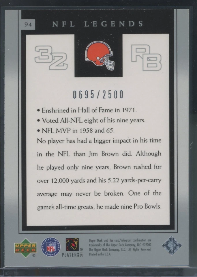2000 Upper Deck Century Legends JIM BROWN /2500 Cleveland Browns HOF MVP - Image 2 of 2
