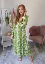 Zara Lilou Belted Midi Floral Green And White Long Sleeve Midi Dress Size M