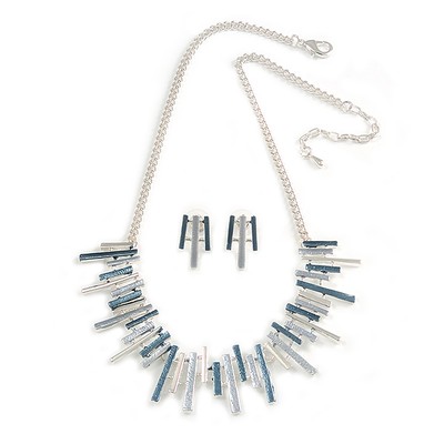 Pastel Metallic Silver/ Grey/ Blue Matt Enamel Abstract Bar Necklace & Stud