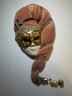 Venetian Style Jester Mask Pink Velvet Gold Trim Pearl Beads Bell Dangle Signed