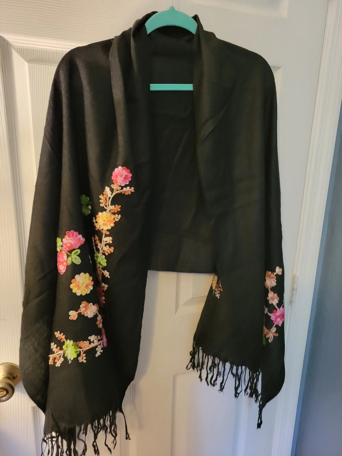 Multi Color Floral Embroidered Shawl on Black Background Boho Hippie Festival