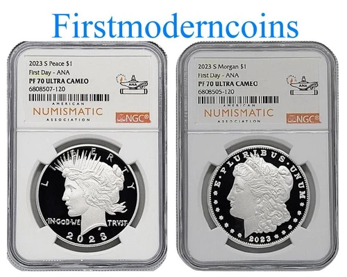 2023-S Proof $1 Morgan and Peace Silver Dollar NGC PF70UC FDOI ANA LABEL 2pc Set