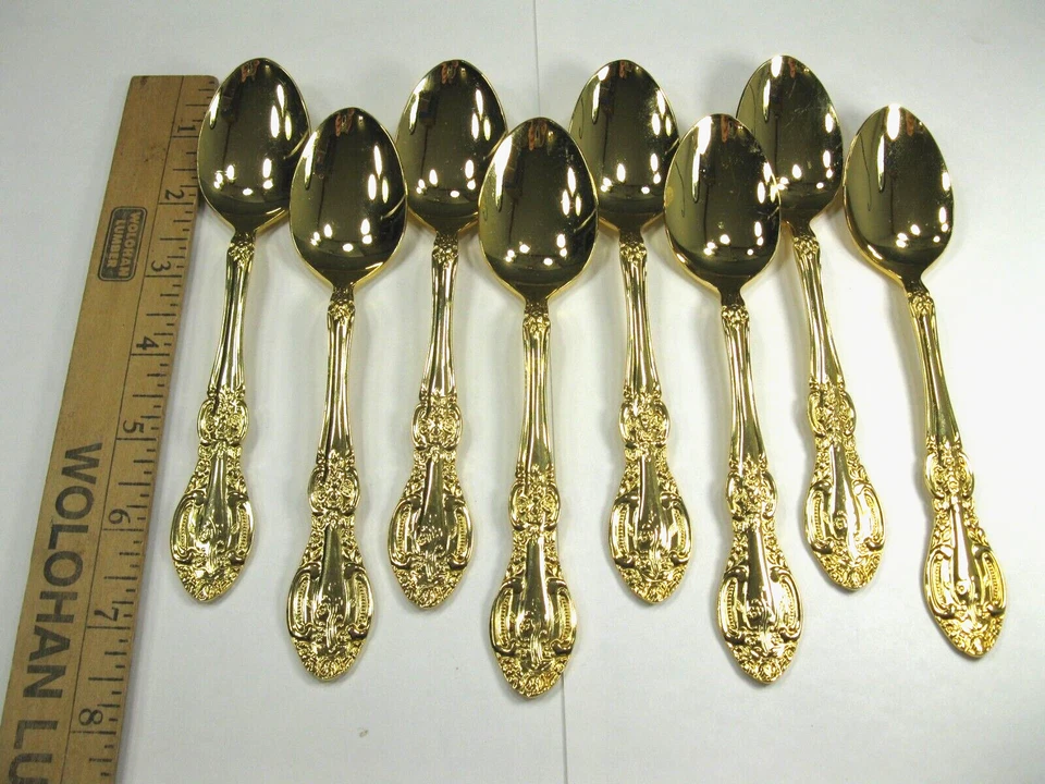 Juego de 8 cucharaditas cubiertos de acero inoxidable chapados en oro Springtime vintage (A) Foto 2 de 4