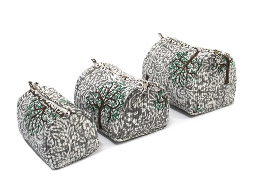 3 Pc Set Hand Block Printed Cotton Quilted Toiletry Purse Cosmetic Storage Bag - Picture 4 of 10