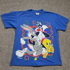 Vtg 90s LOONEY TUNES Shirt Mens Medium Blue All Over Print AOP 1994 Warner Bros